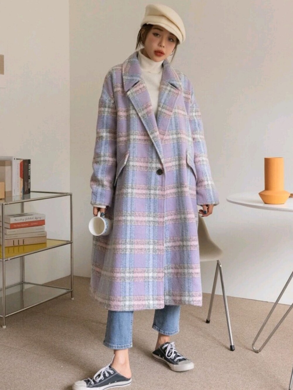 DAZY Plaid Lapel Neck Single Button Overcoat Women Jacket,Fall Women